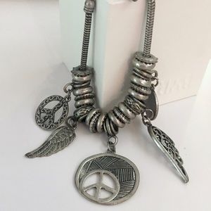 The Buckle Boho/Steampunk Silver-Toned Angel Wings + Peace Charms Bracelet
